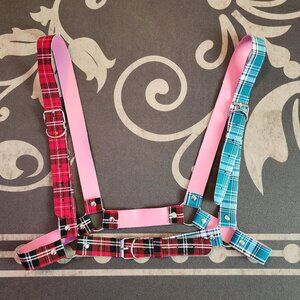 Adjustable Punk Rock Dolls Kill Half Blue Half Red Plaid O Ring Buckle Harness